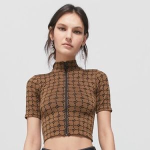 Urban Outfitter's Cropped Brown Zip-up Patterned Short sleeve